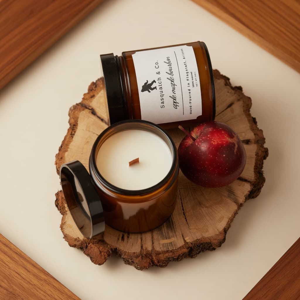Apple Maple Bourbon 9 oz wooden-wick candle, hand-poured in Flagstaff