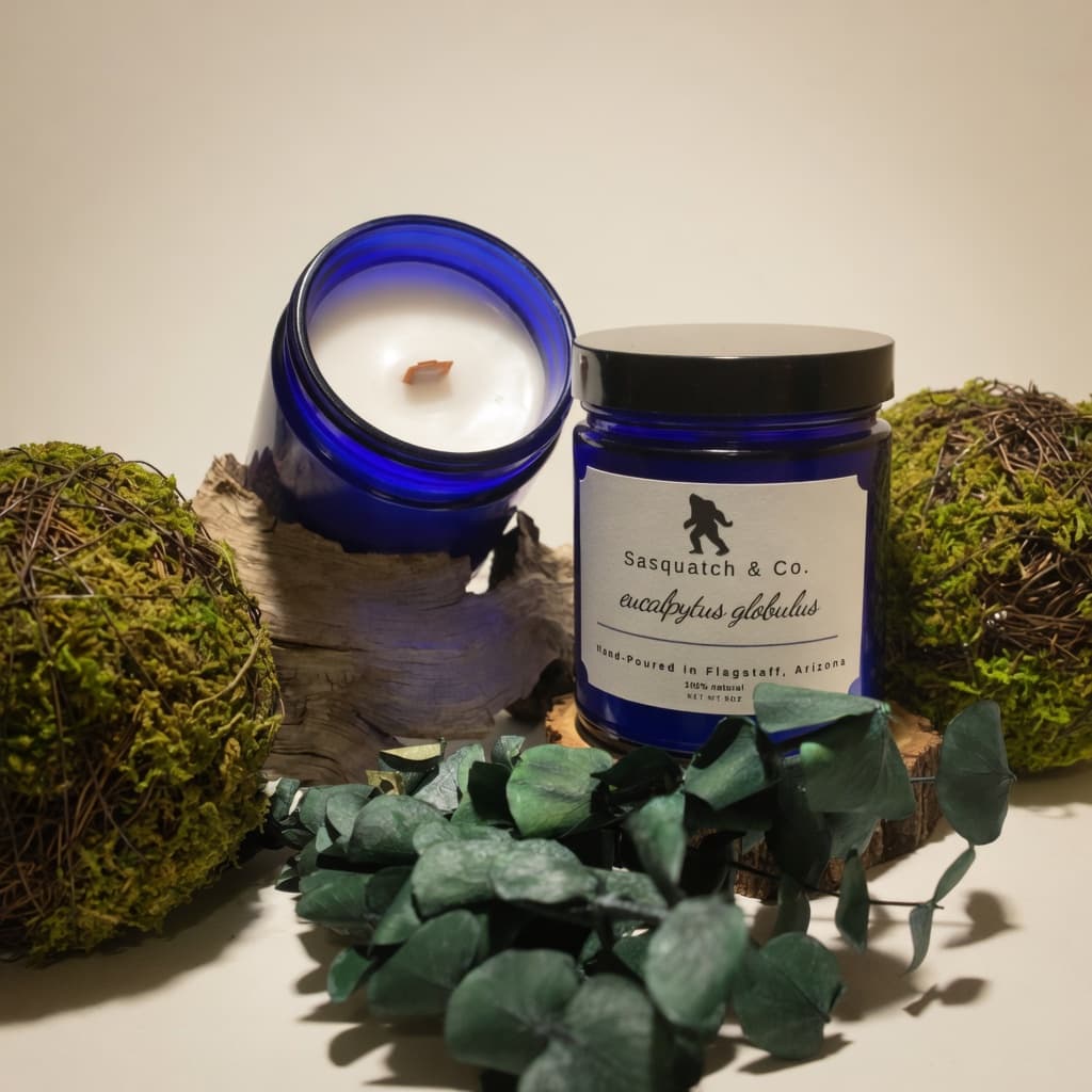 Eucalyptus Globulus 9 oz wooden-wick candle, hand-poured in Flagstaff